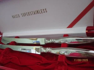 Vintage NASCO SUPERSTAINLESS SET 2 carving KNIVES in 16x6" red Wood Box Japan - Picture 1 of 4