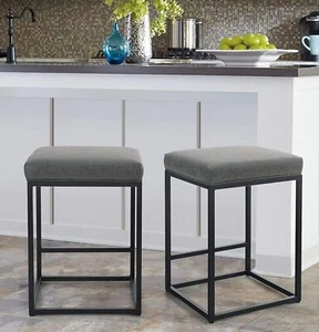 24'' Bar Stools Set of 2 Backless Counter Height PU Leather Bar Chairs Gray - Picture 1 of 10