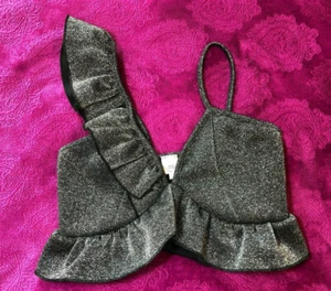 BNWT River Island Silver Sparkly Frill Plunge Crop Top Size 12 - Picture 1 of 8