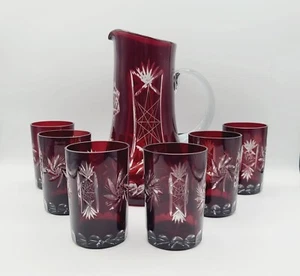 Vintage tschechischer böhmischer rubinrot geschnitten zu klar Krug und Brille 7-teiliges Set - Bild 1 von 13
