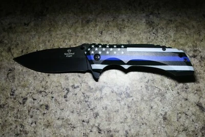 8 1/4" BLACK & BLUE POLICE FLAG E-Z OPEN Spring Open Assisted Pocket Knife - Image 1 of 4