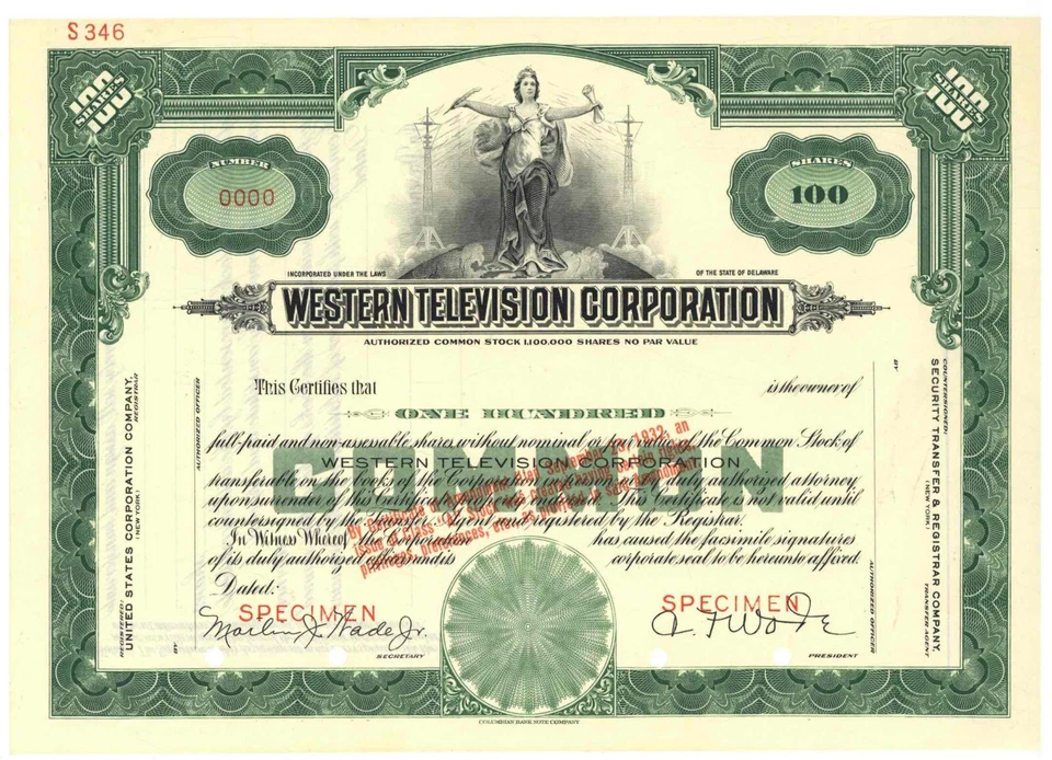 Western Television Corporation. ESPECIMEN. Certificado de stock Foto 1 de 1