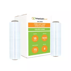 Cast Hand Stretch Wrap 18" x 1500 ft. Clear Shrink Cling Film 8 Rolls for Moving - Picture 1 of 7
