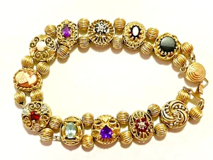 Vintage Solid Yellow Gold Diamonds Multi Gemstone Slide Charm Bracelet 7" - Picture 1 of 7