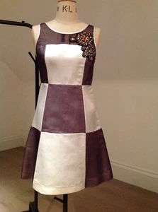 COUTURE MADE DRESS SIZE UK 8 %100 SILK FABRIC PURPLE & WHITE COLORS KNEE LENGTH - Picture 1 of 11
