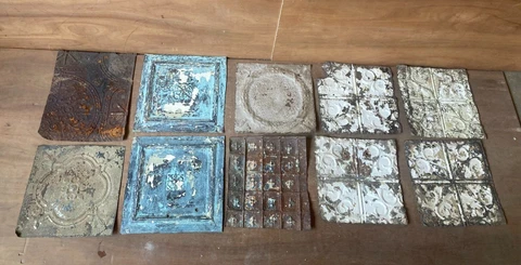 10 sq ft Antique Tin Ceiling Pieces Shabby Tile Chic Vtg Arts Crafts 79-23A Cover
