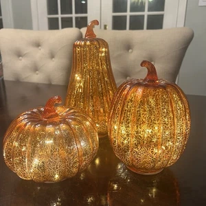 Glas Kürbis mit Lichtern und Timer 3er Set 10,8 Zoll 8,5 Zoll 6,5 Zoll - Bild 1 von 19