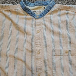 Lineneze Mens Large Striped Button-up Collarless Linen Blend Short Sleeve Shirt - Picture 1 of 11
