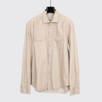 Camisa Eleventy Western tamanho 2XL masculina cáqui cambraia feita na Itália - Imagem 1 de 4