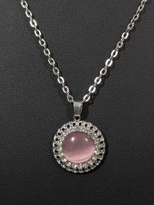 Collar Retro Cristal Rosa Ojo de Gato Colgante Redondo Tono Plata 20 pulgadas Foto 1 de 4