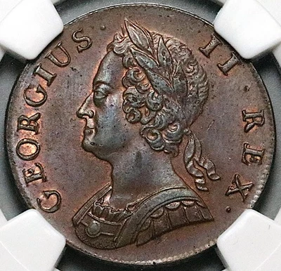 1740 年 NGC 评级 MS 64 乔治二世 1/2 便士英国硬币流行 3/2 (25111703C) — 第 1/4 张图片
