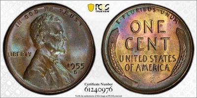 1955-S Lincoln Wheat Cent MS65BN Toned PCGS TrueView - Image 1 of 4