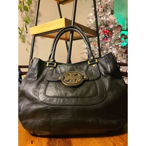 Tory Burch Amanda Pebbled Leather Satchel/Crossbody/Shoulder Black Gold - Picture 1 of 14