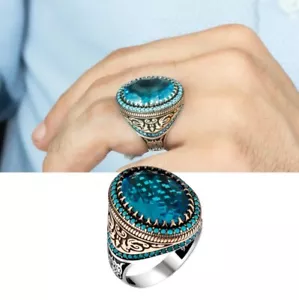 925 Sterling Silver Aquamarine Stone Turkish Handmade Luxury Men's Ring size 11 - Picture 1 of 1
