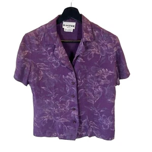 Vintage 90s Purple Floral Button Up Short Sleeve Top Small - Picture 1 of 6