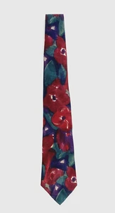 Domani Necktie, Flowers, & Leaves with Red, Green, & Purple Colors. Silk. - Picture 1 of 5