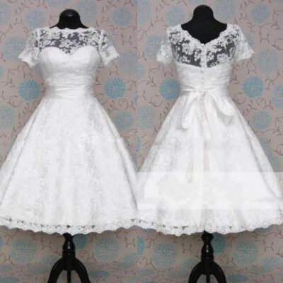 Short Sleeves Wedding Dresses Knee Length With Belt White Ivory Lace Bridal Gown - Image 1 of 4