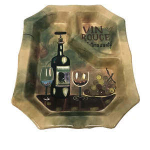 Wine Bottle Goblets Hand painted Grapes VIN ROUGE Ceramic 15" Rectangular Tray - Picture 1 of 5