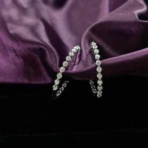 1.70 CT Round Cut Lab Created Inside Outside Hoop Earrings 14K White Gold Plated - Picture 1 of 7
