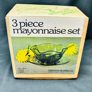 Indiana Glass 2128 Olive 3 Piece Mayonnaise Set Bowl, Plate, Spoon in Box - Picture 1 of 5