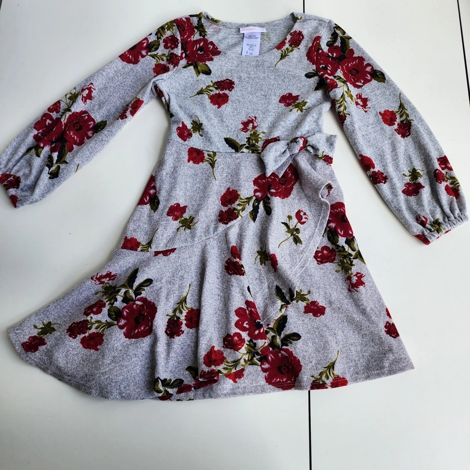 Bonnie Jean Girl Gray Dress Pullover Knit Red Floral Long Sleeve Ruffle Sz 10 - Image 1 of 4