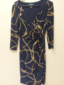 Lauren Ralph Lauren Dress Womens 4 Navy Gold Chain Equestrian Print Jersey Knit - Picture 1 of 13