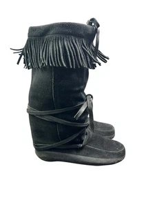 Steger Mukluks Black Moose Leather Fringe M 12 Tall - Picture 1 of 7
