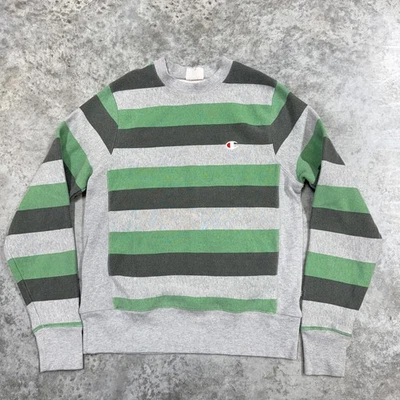 Sudadera Champion Tejido Inverso Para Hombre Mediana Gris Verde Rayas Cuello Redondo Logo Foto 1 de 4