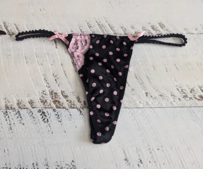 Shirley of Hollywood Size S Vintage Y2K Black & Pink Polka Dot Satin G-String - Image 1 of 4