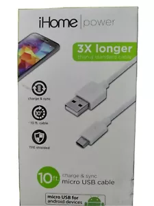Cavo micro USB ricarica e sincronizzazione iHome 10 piedi, TPE smerigliato e 3 volte più lungo IH-BL-CT2005W - Foto 1 di 4