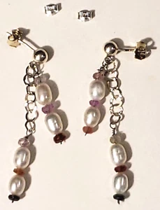 Orecchini a doppia goccia in argento sterling tormalina e perle d'acqua dolce fatti a mano - Foto 1 di 10