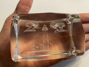 Dragons Lighthouse Glass Paperweight Fantasy Palm Trees Beach Sand Water C6 - Picture 1 of 12