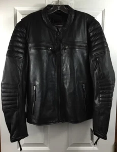 First Mfg Black Leather Motorcycle Biker Jacket Mens M Armor Pockets Commuter - Picture 1 of 12