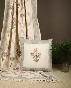 Old sanganeri Handprinted cotton slub cushion cover with 1 throw For home decor - Picture 1 of 13