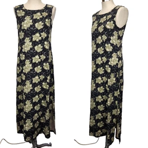 True Grit Seiden Etuikleid Maxikleid L schwarz taupe Hibiskus Print ärmellos tropisch - Bild 1 von 9