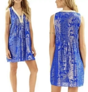 NEW Lilly Pulitzer TANNER Silk Dress, Blue & Gold, Pineapple Clip Chiffon MEDIUM - Picture 1 of 17