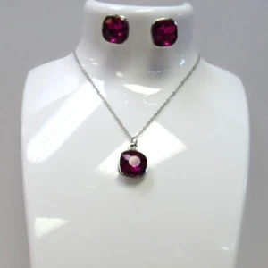 Silver Fuchsia Pink Stone Charm Necklace Pendant Set Wedding Bridal #40628 - Picture 1 of 5