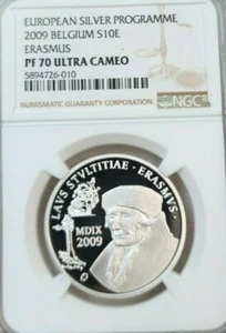 2009 BELGIUM SILVER 10 EURO S10E ERASMUS NGC PF 70 ULTRA CAMEO SCARCE PERFECTION - Picture 1 of 4