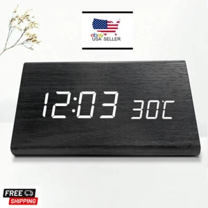 Modern Wooden Digital LED Voice Activate Alarm Clock Thermometer Timer Calendar  - Picture 1 of 32