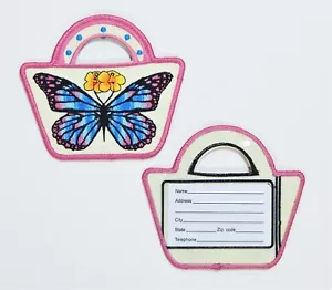 Luggage ID Tags (set of 2) Purse Style Blue Butterfly Travel Baggage Embroidered - Picture 1 of 4