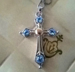 Vintage Kreuz Anhänger blaue Steine Halskette 20" Sterlingsilber Kette stilisiert - Bild 1 von 4