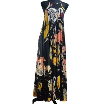 Crane Print Maxi Dress Halter Neck Sleeveless Black Yellow Peach XL - Image 1 of 4