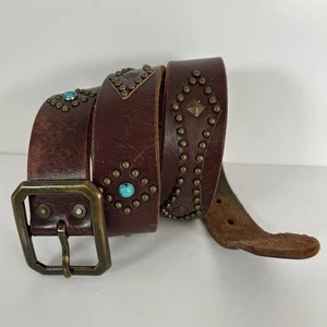Women Brown Leather Belt 36.5” Western Turquoise Studded Details 1-1/4" Wide - Bild 1 von 11