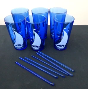 6 Hazel Atlas Ships Sportsman Blue 5 1/4" 12 Oz Ice Tea Tumblers With  Stirrers - Picture 1 of 15