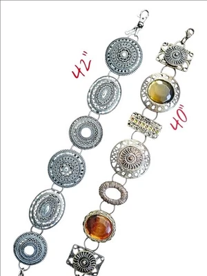 Lote 2 Cinturones Cadena Medallón Plata y Ámbar Festival Gitano Chico’s Boho 40”&42” Foto 1 de 4