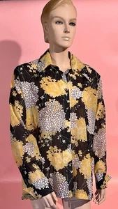 Vintage 1970’s Floral Hydrangeas Blouse Black White Yellow By Teddy French Cuffs - Picture 1 of 9