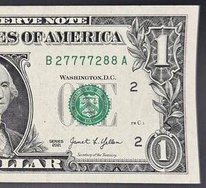Fancy Serial Number B27777288A Trinary 4 in a Row Lucky 7s with Pair 8s - Picture 1 of 3