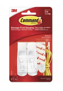 Command General Purpose Hooks Medium 3 lb Cap White 2 Hooks and 4 Strips/Pack - Picture 1 of 6