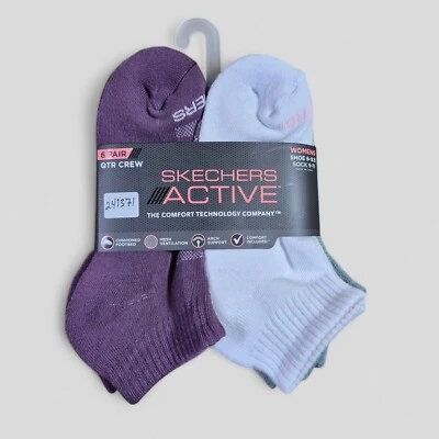 SKECHERS ACTIVE Mujer Calcetines 1/4 Crew Cojín Soporte Arco 6 Pares Zapato Talla 6-9.5 Foto 1 de 2