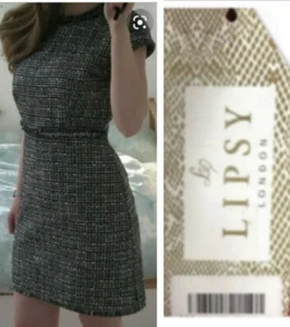 Lipsy Tweed Boucle Dress 14 Chain Black Glitter Fringe Occasion Party Evening - Picture 1 of 13